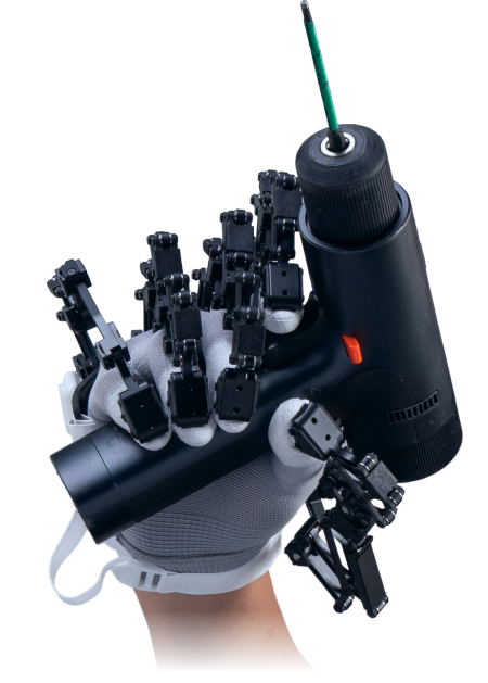 Human operator holding an electric screwdriver with a teleoperation glove